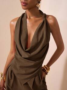 Zivah 2025 春夏新款音乐节、复活节、圣帕特里克节、西部风、游牧风、生日派对、毕业典礼、学院风、学生装、日常休闲、百搭百搭、休闲、邮轮旅行、海滩、日光浴、病毒式传播、街头服饰、婚礼嘉宾波西米亚风、通勤、早午餐、机场装 - 棕色纹理面料不对称结饰设计尖头上衣、喇叭领上衣和阔腿裤套装 - 棕色 - 查看 5