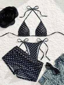 Swim Vcay 3 件套女士波尔卡圆点比基尼套装，高腰侧系带褶饰泳衣，适合海滩、派对、下午茶、夏季 - 黑與白 - 查看 6