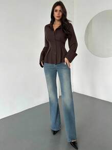 Firerie Áo sơ mi nữ dài tay màu nâu, kiểu dáng thanh lịch, thắt eo, thích hợp cho đi làm hàng ngày, đàm phán kinh doanh, đồng phục công sở, áo giáo viên/áo nữ mùa thu/áo mùa thu/áo đi học/áo nữ mùa tựu trường/áo giáo viên/áo đi chơi/áo công sở thường ngày. - màu nâu - Xem 8