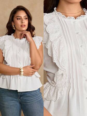 Roveilla 大码夏季优雅纯色镂空刺绣荷叶边下摆衬衫