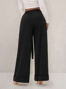 SHEIN SXY Quần dài thường ngày thanh lịch quyến rũ gợi cảm cơ bản rộng rãi cho nữ cỡ lớn Thu & Đông, Xuân & Hè - màu đen - Xem 5