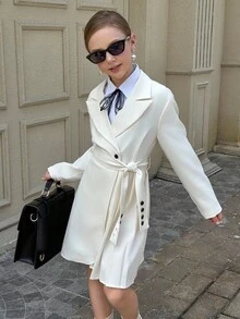 Tween Girls Daily Commute British Style Long Waist Cinched Pleated Tie Slim Fit Jacket, Suitable For Daily Commute Wear - White - View 5