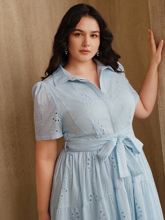 Anewsta Women's Shirt Collar Short Sleeve Cinched Waist Loose Hem Dress, Plus Size