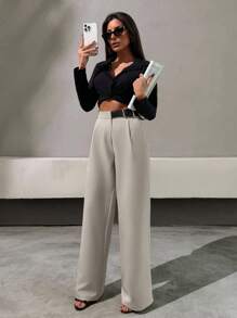 EURMUSE Plus Size Women Elegant Style, Half Faux Leather Belt Detailed Straight Fit Pant - White - View 7