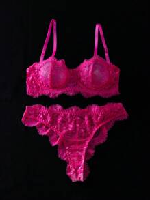 SHEIN 2pcs Plus Size Women Lace Strapless Bandeau Sheer Lingerie Set Pink Lace Lingerie Set, Lift