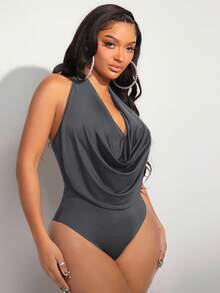 SHEIN PETITE CURVE Women's Plus Size Draped Front Backless Halter Bodysuit - Grey - View 4