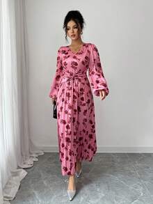 Modelyn 法式收腰V领灯笼袖连衣裙 - 彩色 - 查看 6