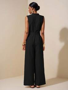 Zivah 2025春夏新款杏色无袖不对称褶饰腰带纹理亚麻连体裤-B - 黑色 - 查看 2