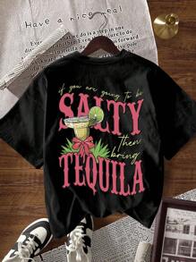 Glissea 趣味水果和字母印花圆领短袖女式T恤图案T恤女式上衣 - 黑色 - 查看 6