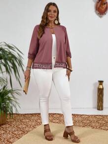 EMERY ROSE Plus Size Women's Solid Color Lace Patchwork Round Neck Casual Lightweight Blazer Winter Fall Autumn - Dusty Pink - View 7