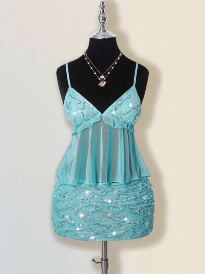 SHEIN ICON Women's Summer Casual Vacation Ruffle Trim Camisole Top & Mini Skirt 2 Pieces Set Fall Women Clothes Aqua Dress Sequin Dress