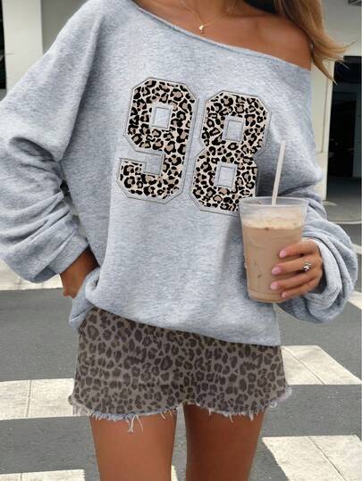 SHEIN EZwear Women's Loose Fit 98 Graphic Print Off Shoulder Long Sleeve Lightweight Sweatshirt
