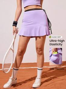 Gameset SHEIN Sport Falda pantalón deportiva para mujer con lazo lateral, volantes en el bajo y bolsillos, color lavanda púrpura, falda de tenis para gimnasio y entrenamiento - Morado - Ver 1