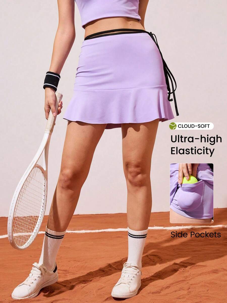 Gameset SHEIN Sport Falda pantalón deportiva para mujer con lazo lateral, volantes en el bajo y bolsillos, color lavanda púrpura, falda de tenis para gimnasio y entrenamiento - Morado - Ver 1