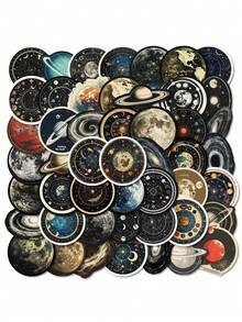 SHEIN 50张太空宇宙卡通涂鸦贴纸，包含星空、行星、宇航员空间站、月球火箭等图案，防水，适用于行李箱、笔记本电脑等，圣诞装饰 - 彩色 - 查看 2