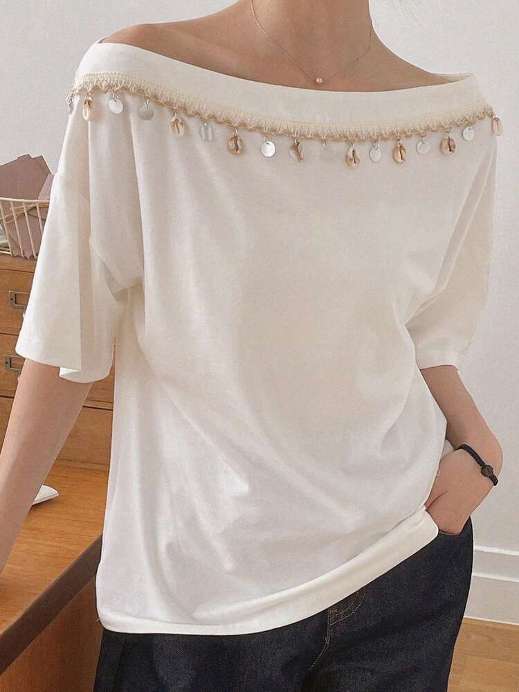 Women's Summer Casual Asymmetrical Neckline Pendant Decor T-Shirt