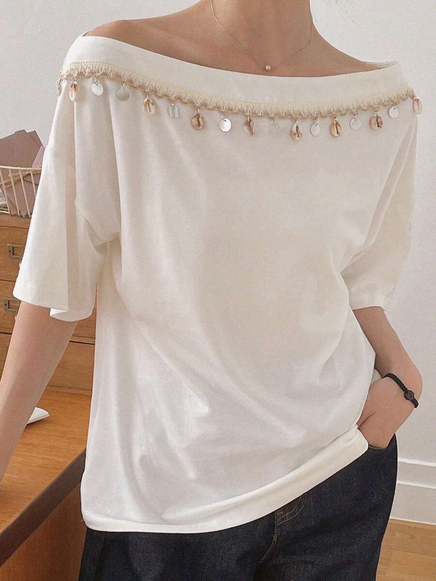 DAZY Women's Summer Casual Asymmetrical Neckline Pendant Decor T-Shirt - White - View 1