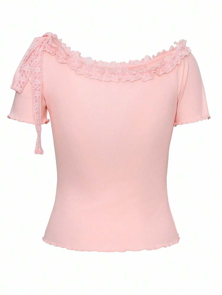 Women's Solid Color Asymmetrical Shoulder Frill Trim Short Sleeve T-Shirt