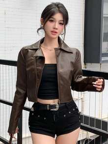 DAZY Women's Loose Casual Short PU Jacket, Street Style For Autumn & Winter,Fall Women Clothes