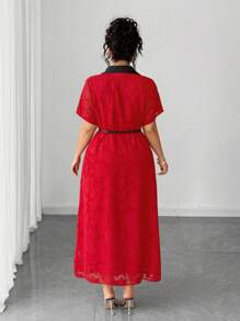Elenzga Plus Size Women's Short Sleeve Elegant Contrast Color Lapel Peony Textured Waist Fit And Flare Dress - Red - View 2