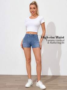 SHEIN EZwear Damen anliegende Denim-Shorts mit Taschen, lässiges und vielseitiges Strickmaterial - Blau - Übersicht 5