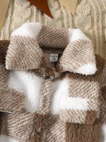 SHEIN 1 件婴儿毛绒开衫、婴儿夏尔巴夹克、男婴羊毛外套、冬季和春季厚保暖衣服 - 咖啡棕 - 查看 6