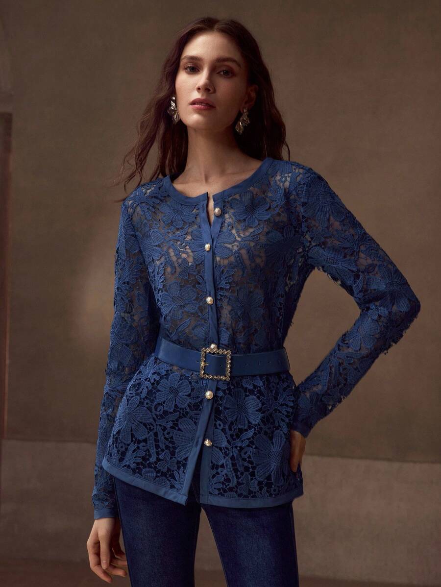 MOTF PREMIUM 女士蓝色镂空刺绣优雅束腰夹克