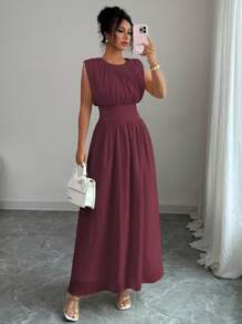 Elenzga Váy Maxi Chiffon Thanh Lịch Thường Ngày Cho Nữ Có Eo Xếp Ly, Dáng Chữ A, Thích Hợp Đi Làm, Đi Nghỉ, Tiệc Trà Chiều, Tiệc Tùng, Màu Trơn, Xuân/Hè - Màu Tím - Xem 3