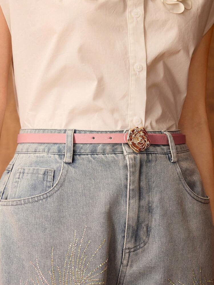 1 Stück Eleganter Damengürtel mit goldener Rosenblume, rosa, vielseitig für den täglichen Gebrauch