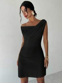 Firerie 女士优雅简约时尚性感日常通勤音乐节度假不对称领口垂坠白色 A 字迷你连衣裙，春夏 - 黑色 - 查看 6