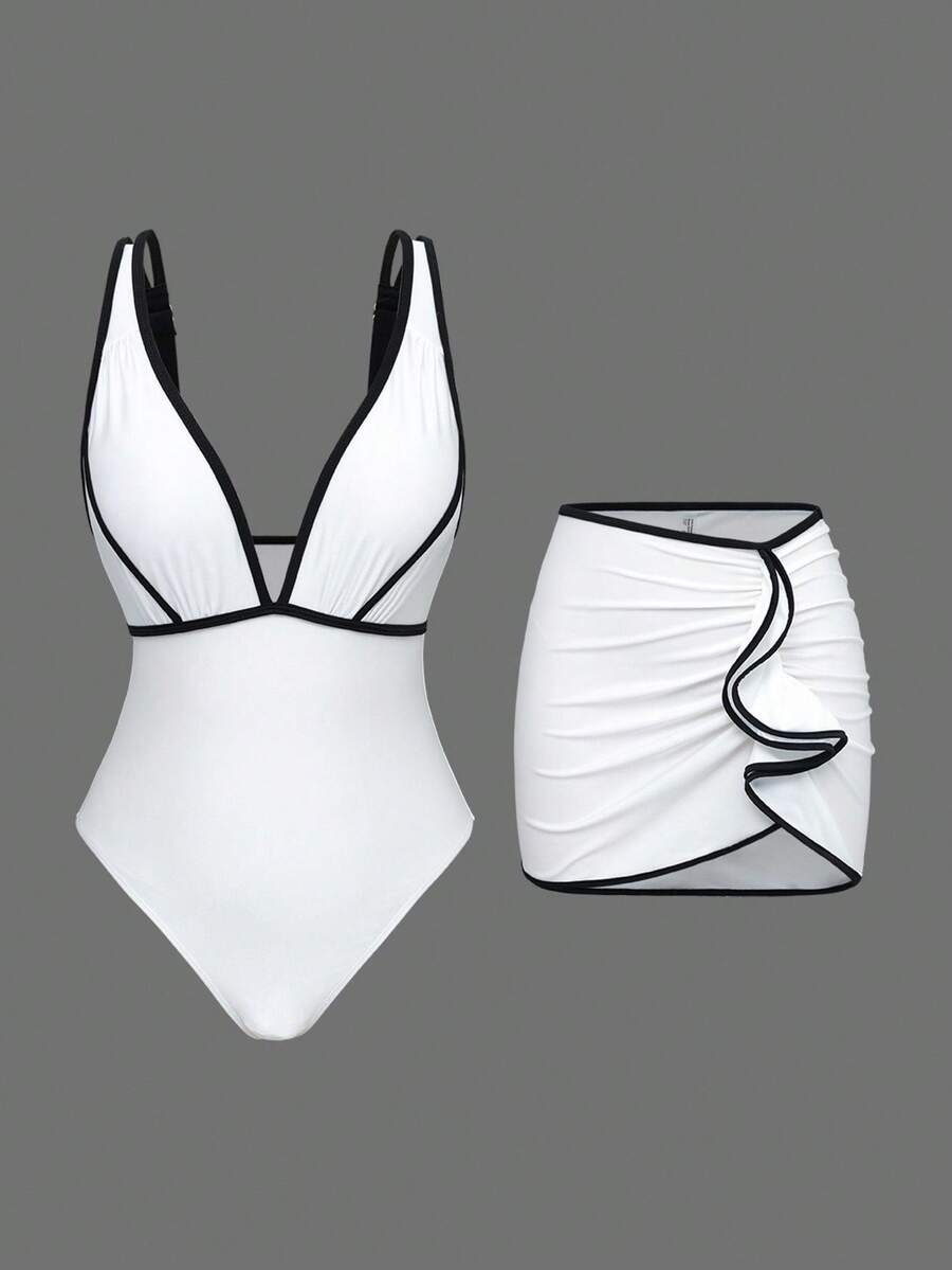 Swim Oasis 女式撞色宽肩带比基尼上衣和高开叉荷叶边下摆泳裤两件套泳衣 - 黑與白 - 查看 1