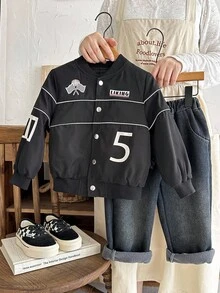 SHEIN 秋冬童装男童赛车手赛车夹克 - 黑色 - 查看 1