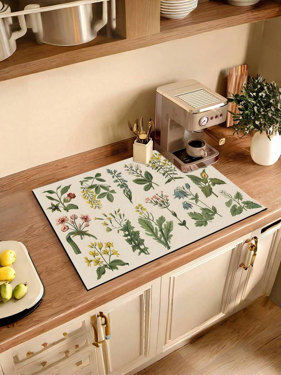 SHEIN 1 Stück Kräuter bedruckter Abtropfmatte, saugfähige Arbeitsplatte Matte für Küche, Badezimmer Waschtisch Abtropfmatte, Wasserdurchlässige Matte für Wasserhahn, Toilettenhocker Untersetzer, Toilette Spritzschutz Matte, Küchen- und Badezimmer Zubehör, geeignet als Abtropfmatte für Küche, Spüle, Tisch, Kaffeemaschine Tropfschale