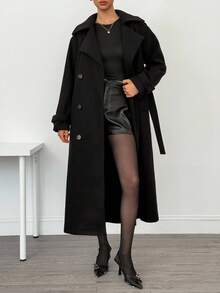 SHEIN Tall Women's Solid Color Lapel NeckDouble-Breasted Long Overcoat Long Black Coat In Fall/Winter - Black - View 3