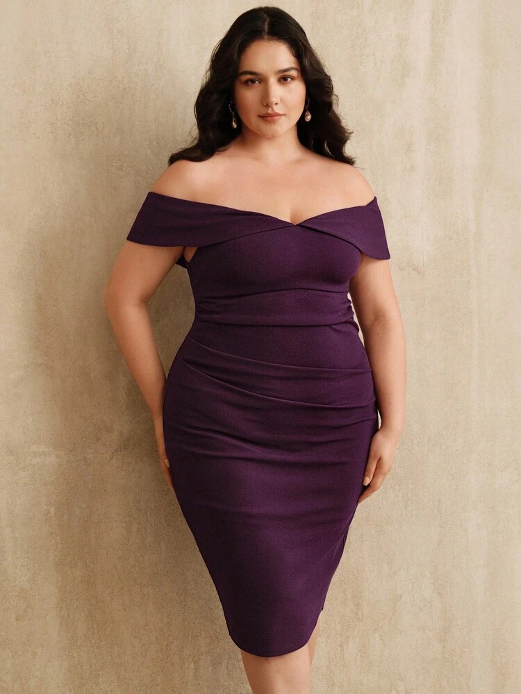 Plus Size Women's Romantic Elegant Fashion Off Shoulder Ruched Bodycon Mid-Length Dress, Purple