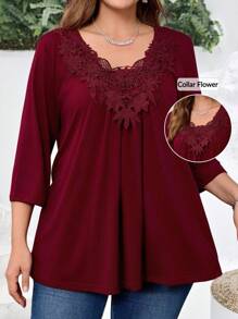 EMERY ROSE Áo kiểu dáng cỡ lớn màu đỏ Angora viền ren, tay lửng, tay ngắn, phong cách boho, thích hợp mặc hàng ngày, thanh lịch, mùa hè, công sở, mùa xuân, mùa thu, đi chơi, họa tiết hoa/kỳ nghỉ. - Màu Đỏ Sâu - Xem 1