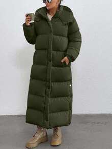 EURMUSE Keep Warm Feature, Maxi Lenght, Side Popper Detailed Puffer Winter Coat - Army Green - View 4