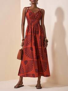 Zivah 2025 春夏新款音乐节、复活节、圣帕特里克节、西部风、游牧风、生日派对、毕业典礼、学院风、学生装、日常休闲、基础百搭、休闲、邮轮旅行、海滩、日光浴、网络热卖、街头服饰、婚礼宾客波西米亚风、通勤、早午餐、机场、细肩带 V 领无袖木质纽扣装饰褶饰腰部 Y2K 复古做旧假日印花长裙 - 彩色 - 查看 6