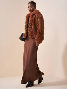 Zivah Nuevo lanzamiento de otoño 2025, adecuado para fiesta de cumpleaños, estilo escolar, uso diario, casual, vacaciones, viajes en crucero, playa, tomar el sol, viral, estilo callejero, estilo de motocicleta, club, chaqueta de mujer de otoño/invierno con cuello de piel, cárdigan tubular de parches de piel, puños de piel, tela de piel rojiza - Marrón - Ver 7