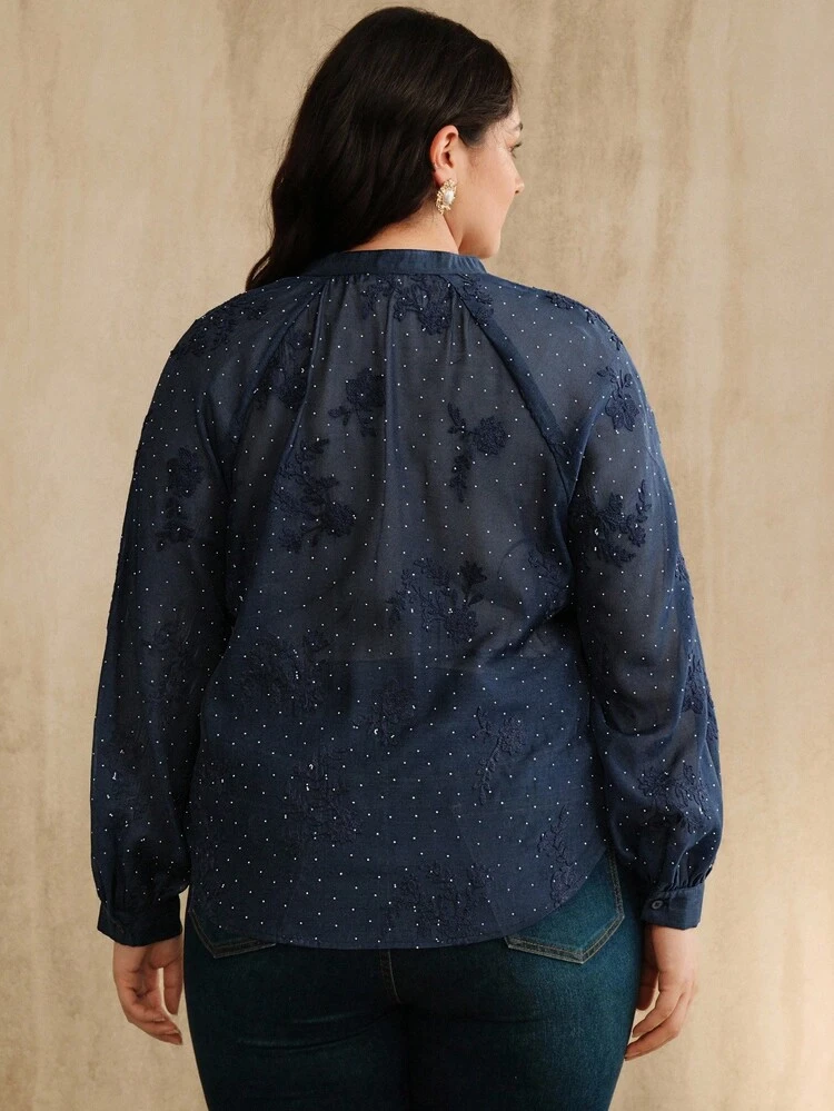 Elegant Fashion Elegant V-Neck 3D Floral Decor Loose Sheer Long Sleeve Plus Size Women Blouse Top, New Year Clothes