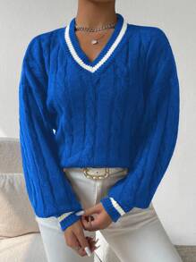 EMERY ROSE 女士撞色 V 领落肩长袖麻花针织休闲宽松毛衣针织套头衫秋冬 - 藍色 - 查看 5