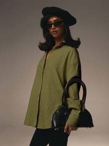 Athîral 女士前扣领长袖粉色条纹简约衬衫情人节款