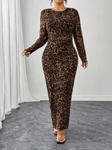 SHEIN Tall CURVE Elegant Fitted Bestselling Fashionable Leopard Print Fabric Long Sleeve Dress, Coffee Color, Plus Size, Spring/Summer/Autumn Fall Cloth For Women - Coffee Brown - View 4
