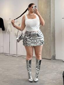 SHEIN EZwear Áo tank top cỡ lớn đính đá lấp lánh, kiểu dáng thanh lịch, thích hợp cho kỳ nghỉ, công sở, tiệc trưa, phong cách Fairycore, đi concert, câu lạc bộ, gợi cảm, thời trang, mặc hàng ngày mùa hè/xuân. - trắng - Xem 5