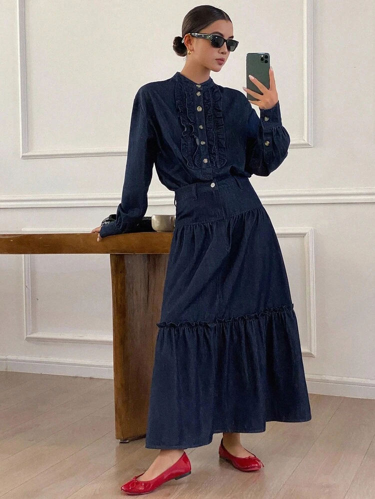Women's Frill Trim Top And Loose Maxi Denim Skirt Set
