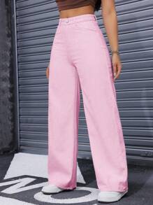 SHEIN ICON الجينز الفضفاض المريح والواسع بجيوب للنساء كبيرات الحجم ذو اللون الوردي لفصل الصيف - وردي - مشاهدة 4