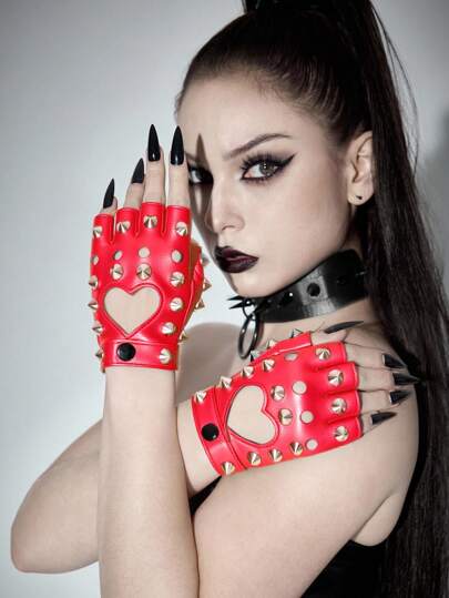 Goth 1 Pair Women's Rivet Leather Fingerless Gloves, Suitable For Daily Wear