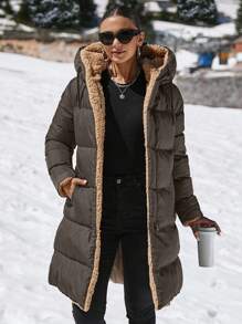 EURMUSE 双面泰迪熊连帽羽绒长款大衣 - 灰色 - 查看 1