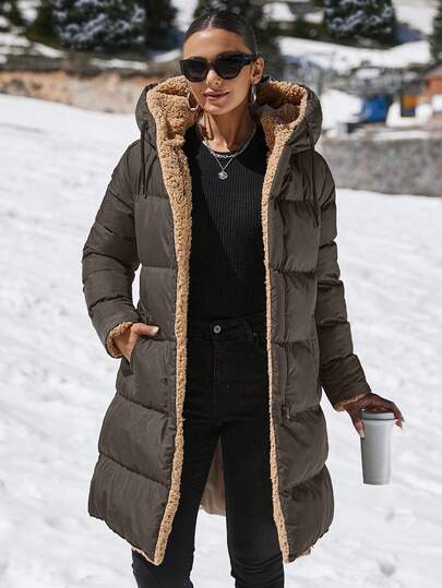 EURMUSE Double Face Teddy Bear Hooded Puffer Long Down Coat