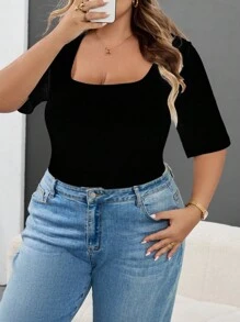 SHEIN CURVE+ 3 قطع/مجموعة تي شيرت نسائي بأكمام قصيرة وياقة مربعة ضيق بلون أحادي، مقاسات كبيرة، ملابس خريف وشتاء - متعدد الألوان - مشاهدة 7